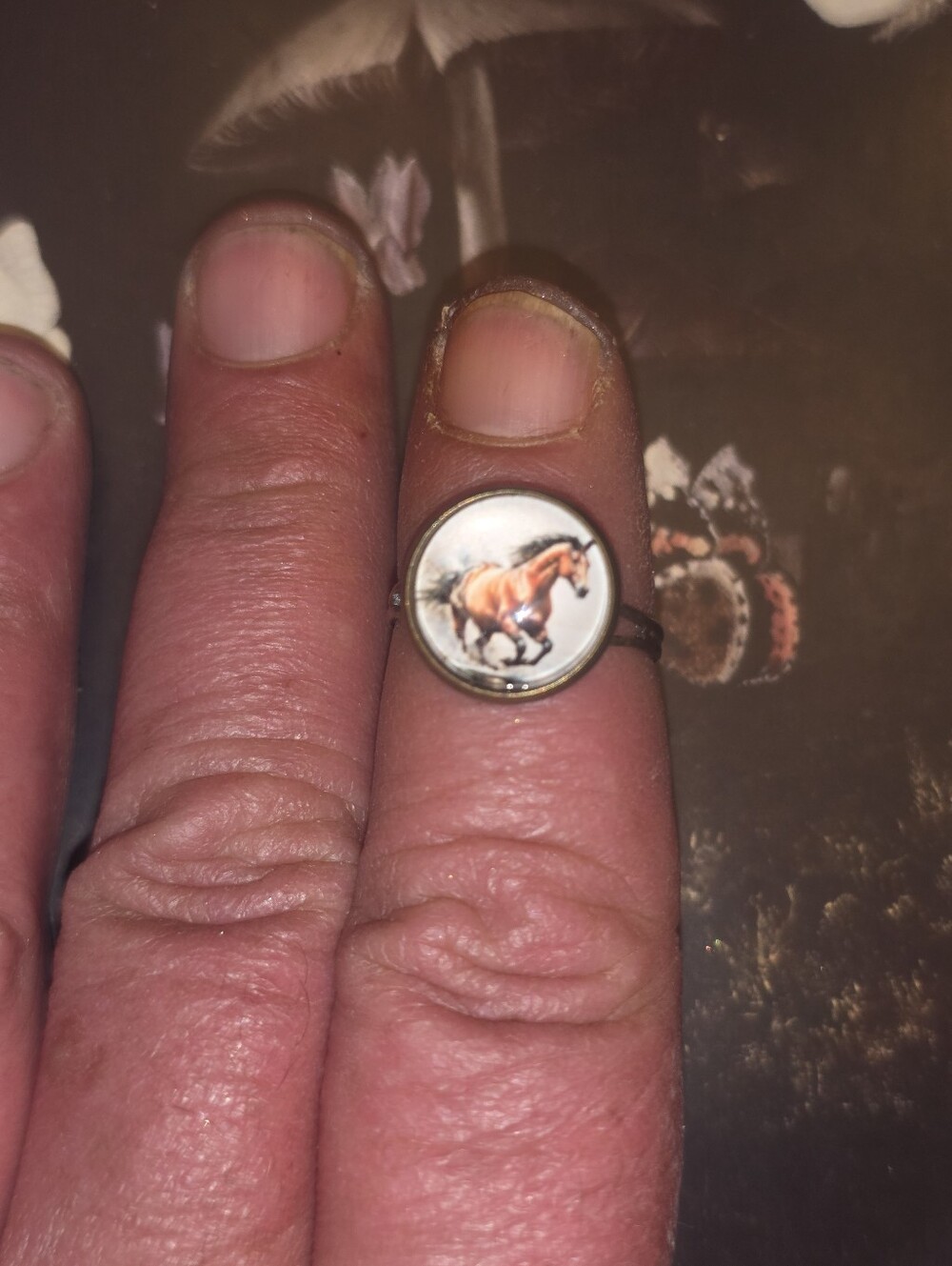Brown Horse Running In Glass Cabochon On Bronze Frame, Cute Adjustable Ring